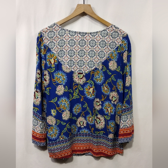 Valerie Stevens Floral Tunic Top Women's L Blue Artsy Boho Retro Y2K Cottagecore - Picture 5 of 8